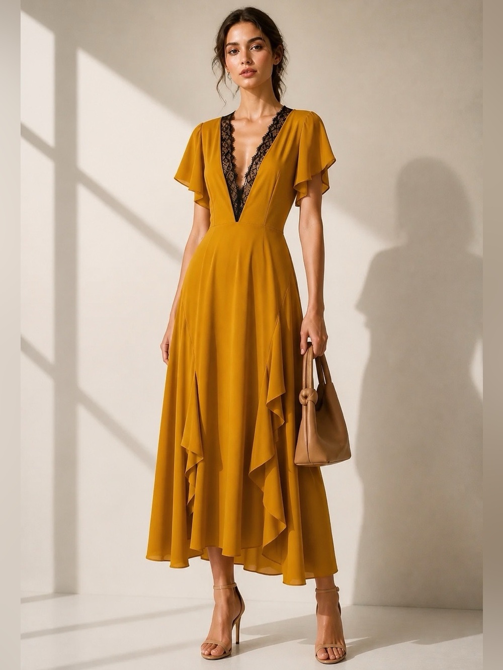 Topshop Mustard Yellow Deep V  Dress with Black Lace Trim